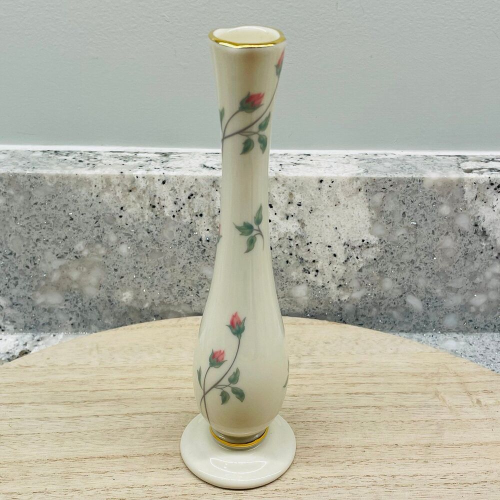 Vintage Lenox Rose Manor Ivory Porcelain Vase - Pink Rosebuds 24K Gold Trim